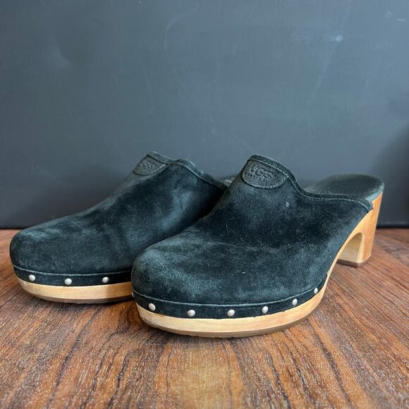 UGG Australia Black Suede Leather Studded Wood Heel Platform Clogs Mules - Picture 2 of 16